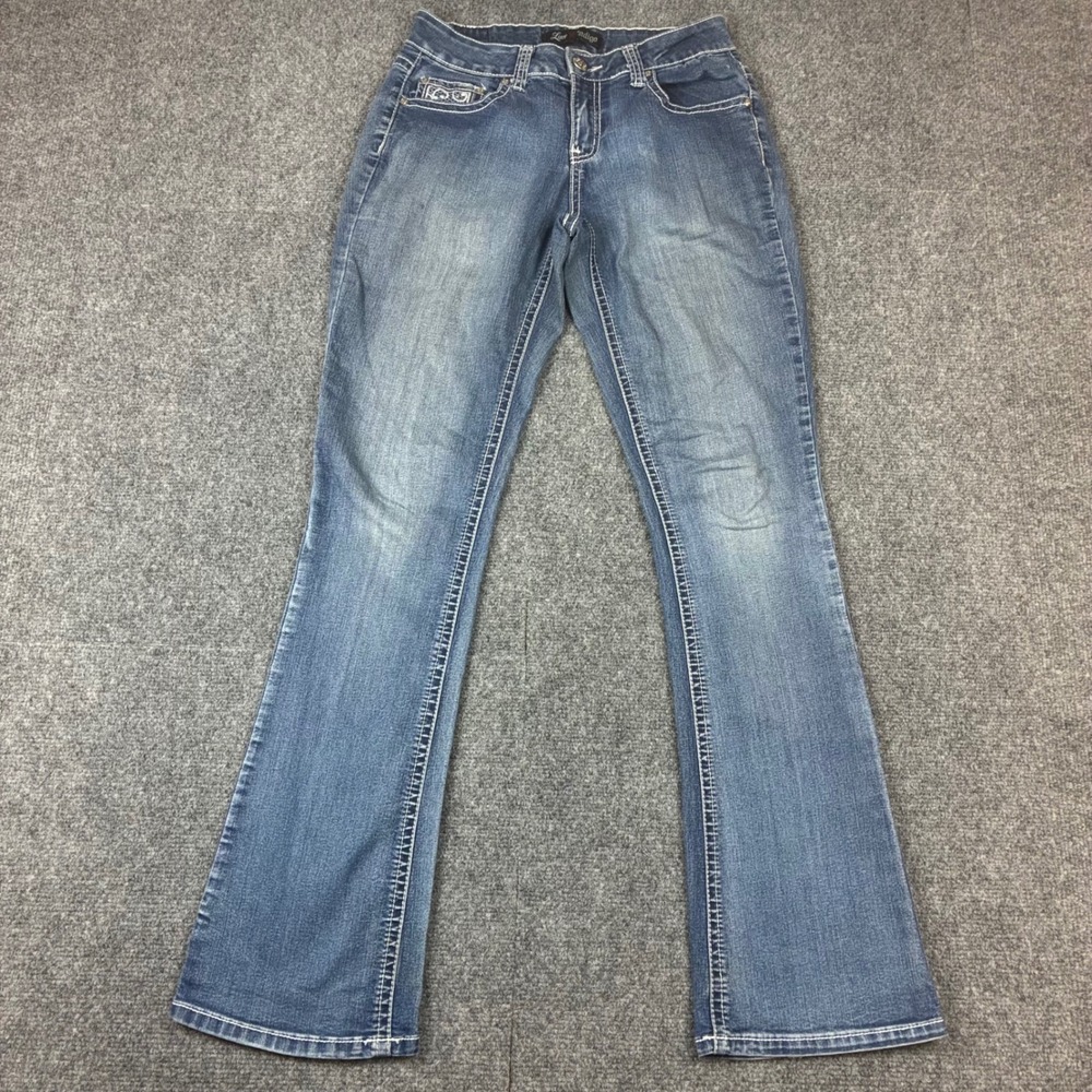 Love Indigo Womens Bootcut Jean Blue Medium Wash Lace Cross Rhinestone Y2K 29x31